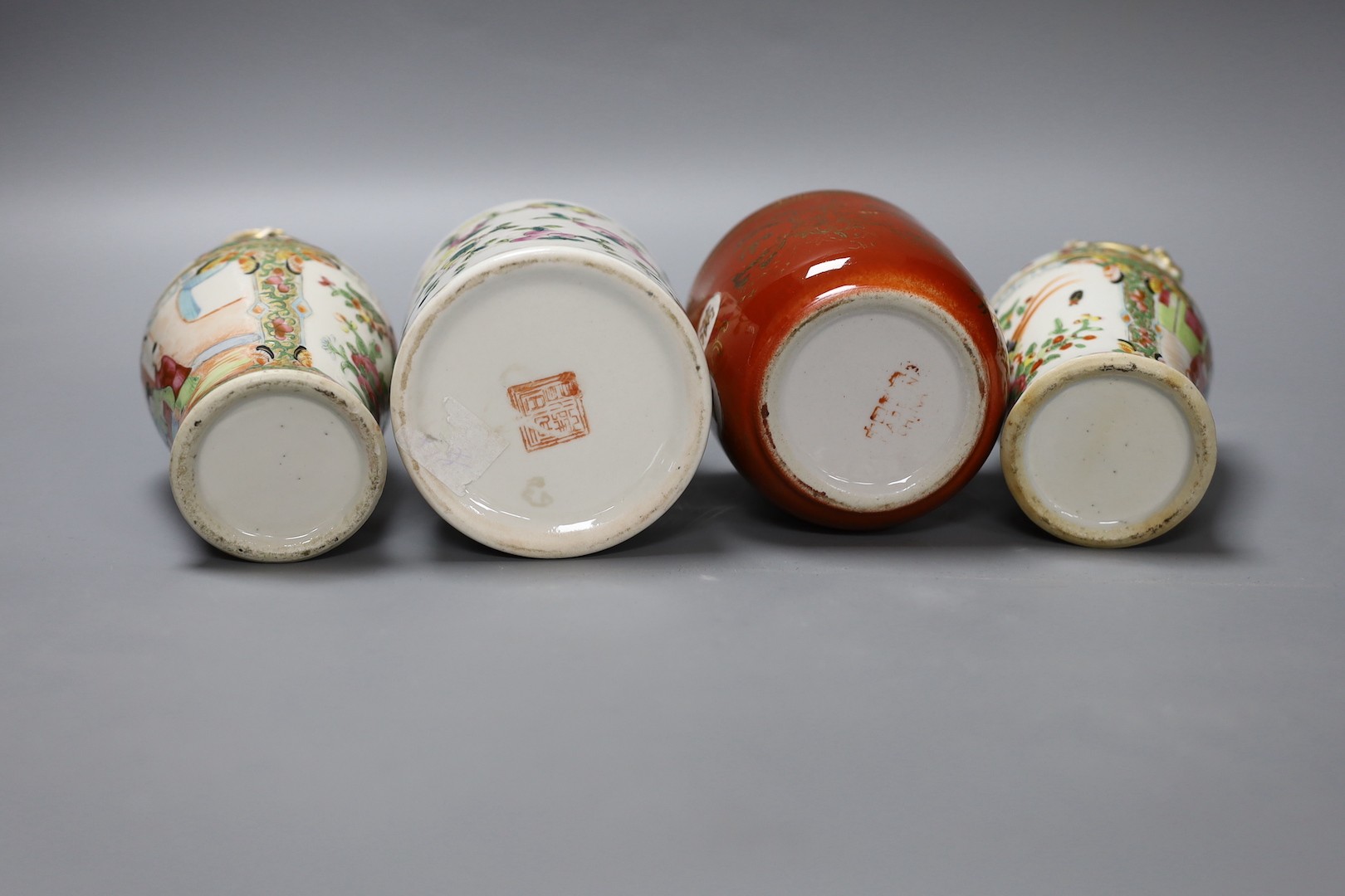 A group of Chinese famille rose vases and jars, a box and cover and a teapot, 19th/20th century, Pair of vases 13 cms high.